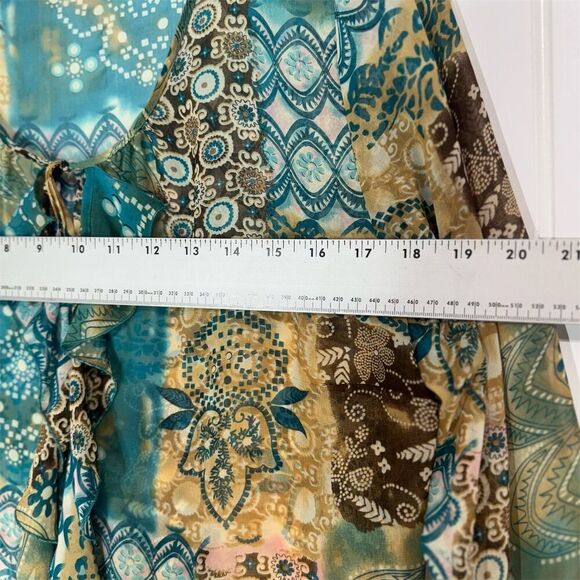 Apt. 9 Boho Patchwork Sheer Blouse L Made in Hong Kong Tie Neck Ruffle Cuff Top - Picture 3 of 10